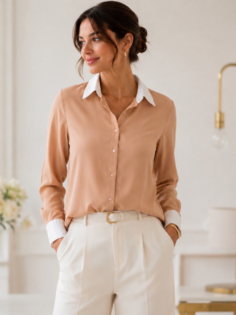 Style Quotient Contrast Collar Blouse XL Quiet Luxury Office Chic Textured